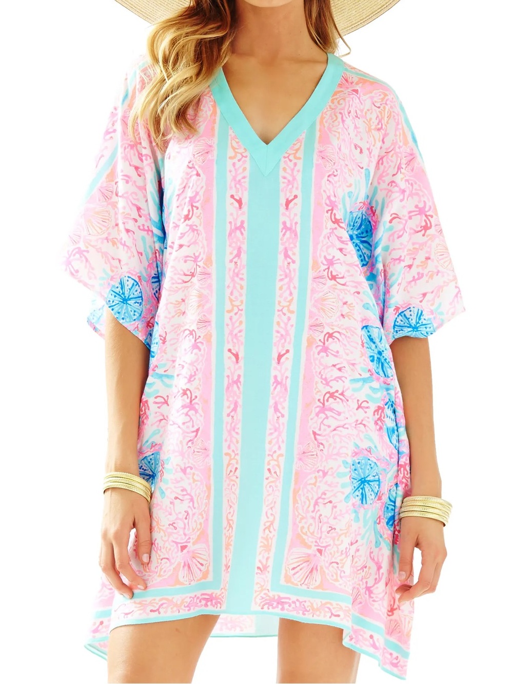 Lilly Pulitzer Thea V-Neck Caftan Dress Coverup S/M Pewter Pink Sole Seaurchin